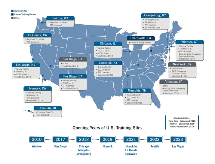 Map of MSA Bomb Dog Training Facilities Nationwide